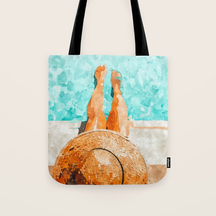 By The Pool All Day, Summer Travel Woman Swimming, Tropical Fashion Bohemian Painting Tote Bag Gallery Image 1