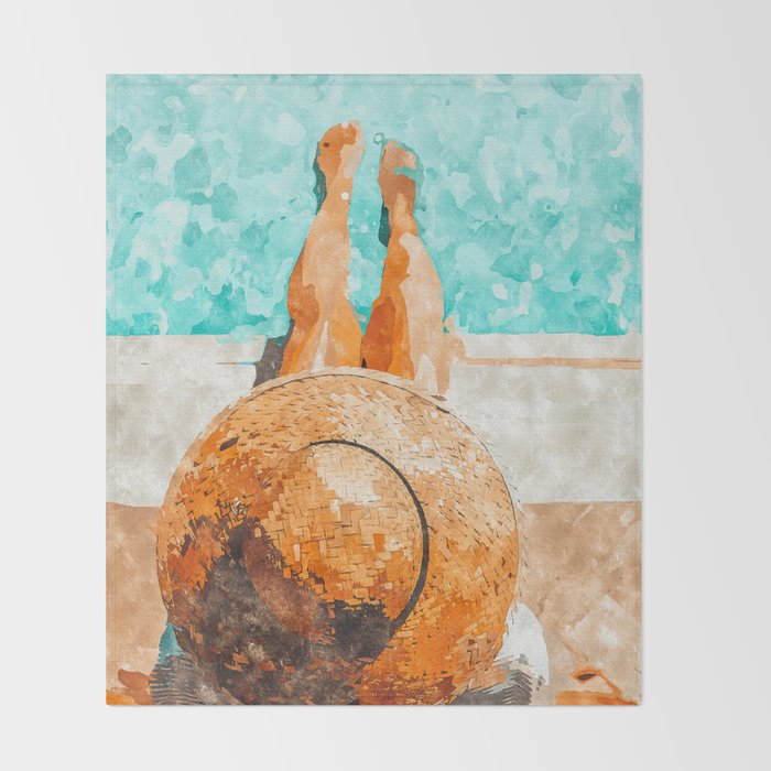 By The Pool All Day, Summer Travel Woman Swimming, Tropical Fashion Bohemian Painting Throw Blanket Gallery Image 2