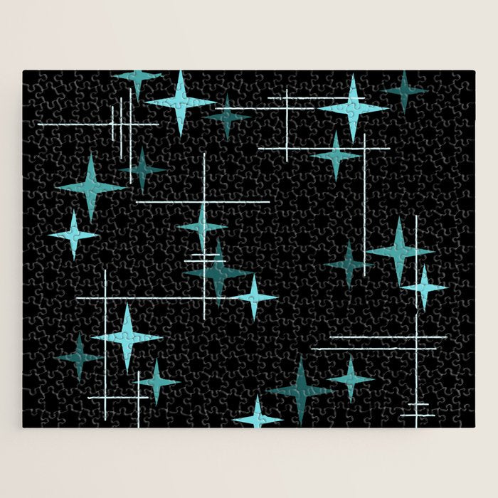 Mid Century Modern Stars Black Teal Jigsaw Puzzle Gallery Image 1