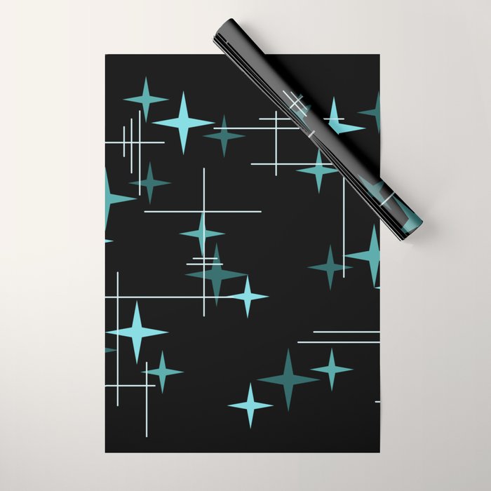 Mid Century Modern Stars Black Teal Wrapping Paper Gallery Image 1
