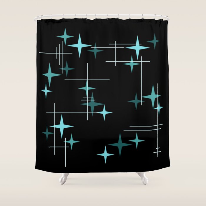 Mid Century Modern Stars Black Teal Shower Curtain Gallery Image 1
