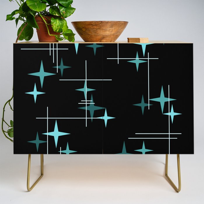 Mid Century Modern Stars Black Teal Credenza Gallery Image 1