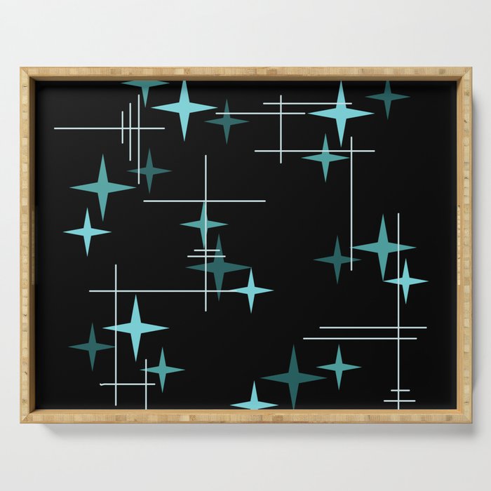 Mid Century Modern Stars Black Teal Serving Tray Gallery Image 1