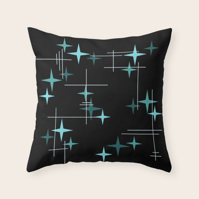 Mid Century Modern Stars Black Teal Throw Pillow Gallery Image 1
