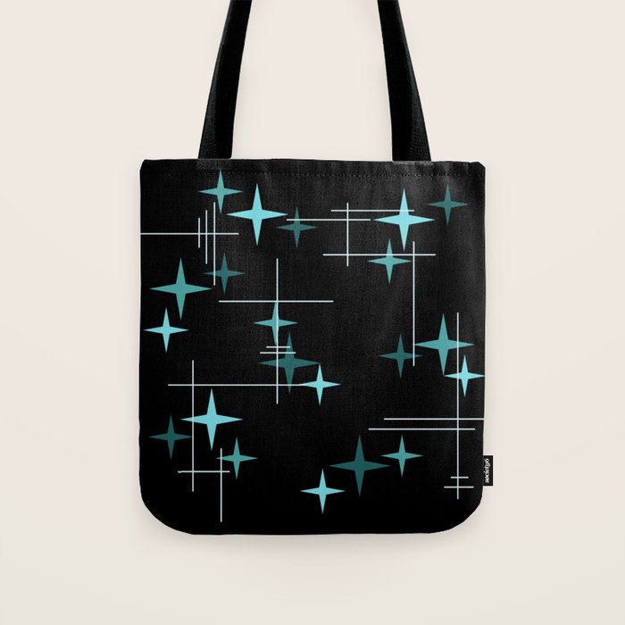 Mid Century Modern Stars Black Teal Tote Bag Gallery Image 1