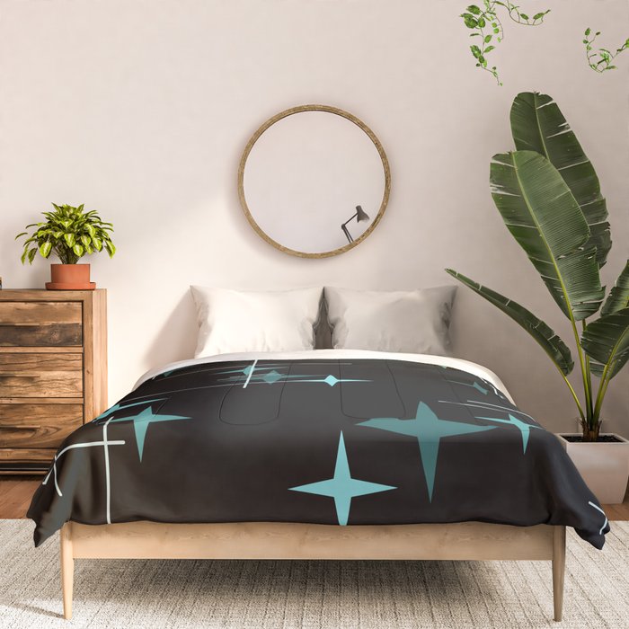 Mid Century Modern Stars Black Teal Comforter Gallery Image 3