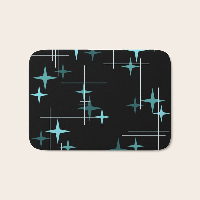 Mid Century Modern Stars Black Teal Bath Mat Gallery Image 1