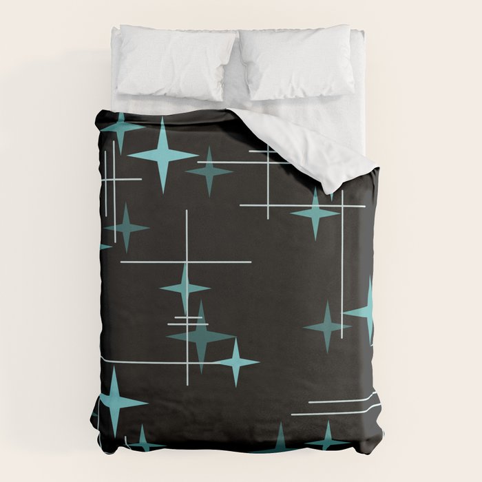 Mid Century Modern Stars Black Teal Duvet Cover Gallery Image 6