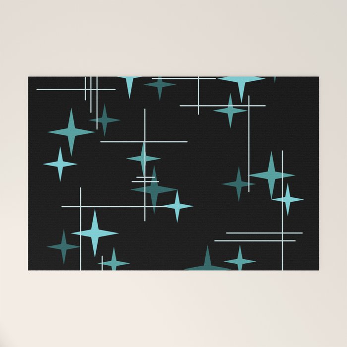 Mid Century Modern Stars Black Teal Welcome Mat Gallery Image 1