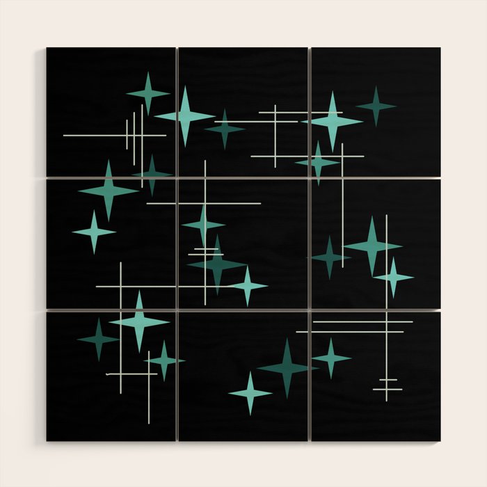 Mid Century Modern Stars Black Teal Wood Wall Art Gallery Image 1