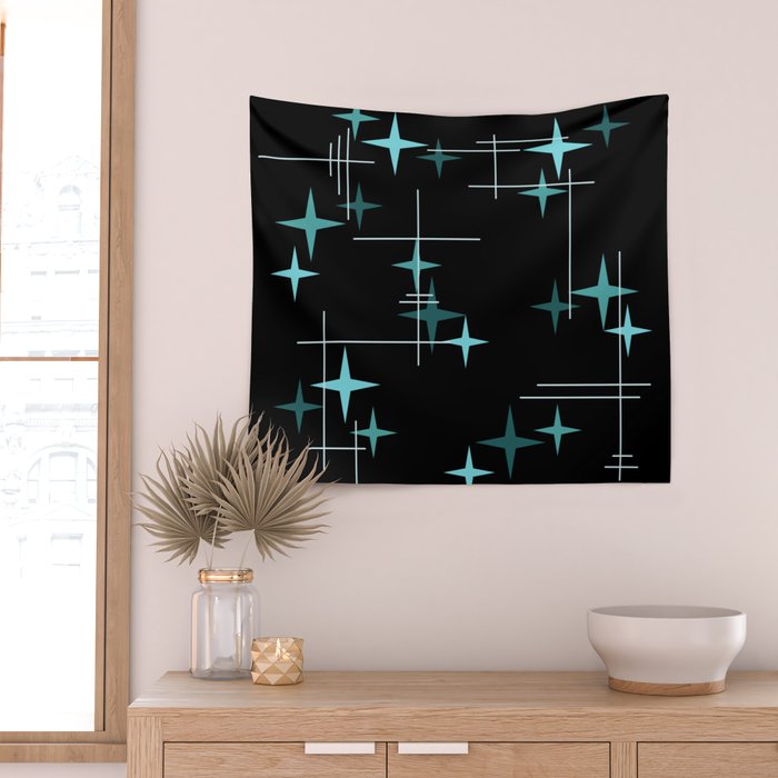 Mid Century Modern Stars Black Teal Wall Tapestry Gallery Image 2
