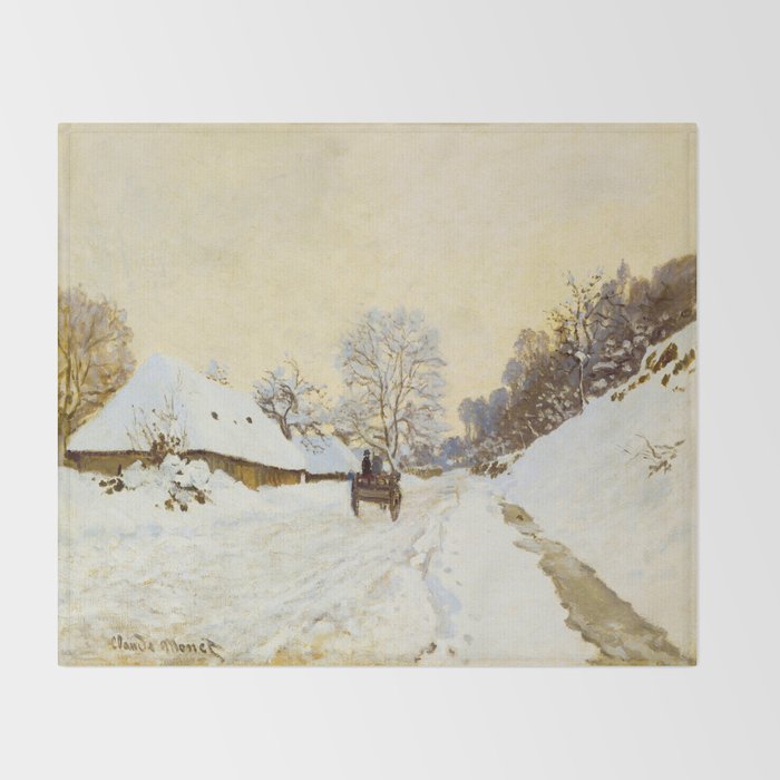 Claude Monet Impressionist Landscape Oil Painting A Cart on the Snowy Road at Honfleur Throw Blanket Gallery Image 2