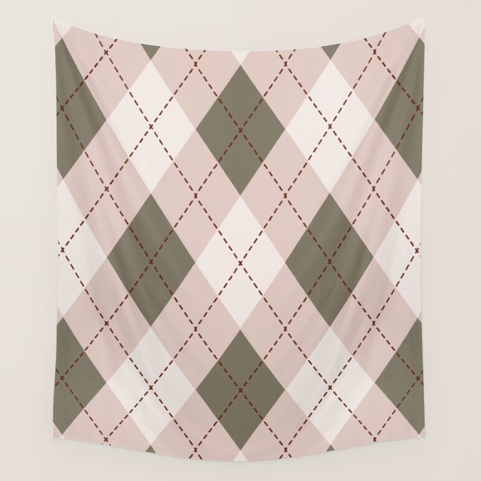 Classic Argyle Pattern Sage and Baby Pink Wall Tapestry Gallery Image 1