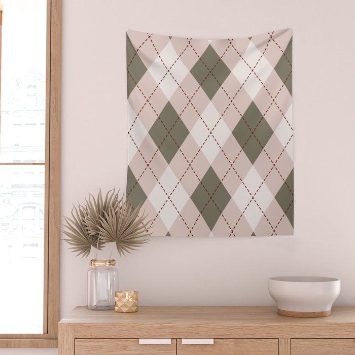 Classic Argyle Pattern Sage and Baby Pink Wall Tapestry Gallery Image 2