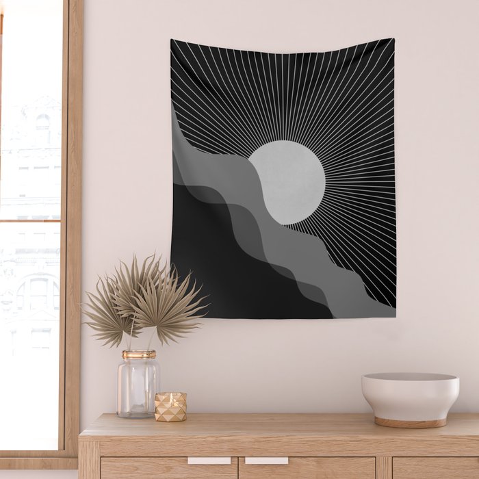 Abstraction_SUNRISE_SUNSET_BLACK_WHITE_MONO_POP_ART_0622A Wall Tapestry Gallery Image 2
