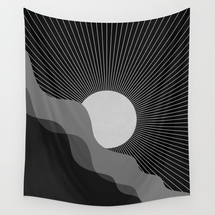 Abstraction_SUNRISE_SUNSET_BLACK_WHITE_MONO_POP_ART_0622A Wall Tapestry Gallery Image 1