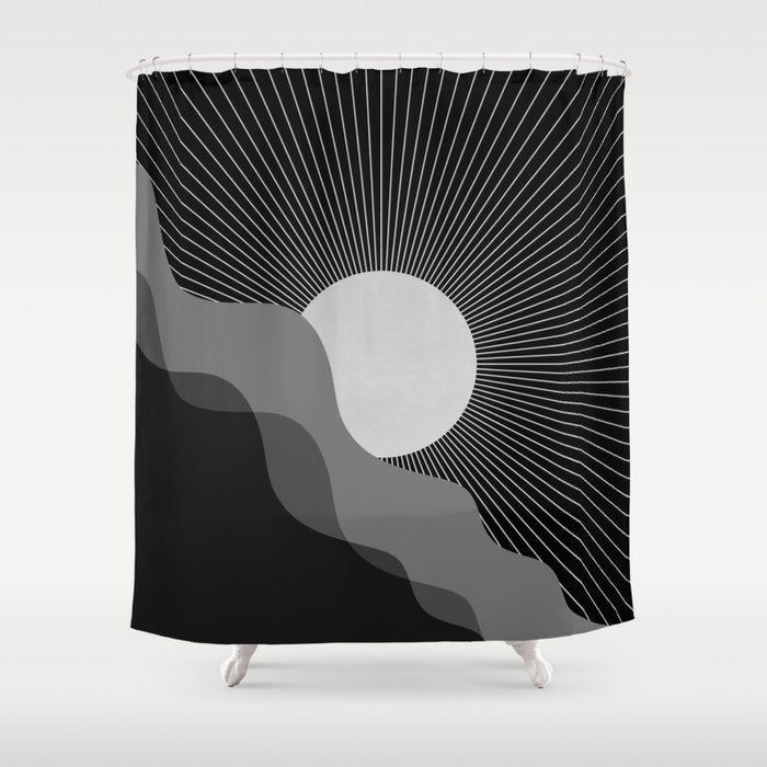 Abstraction_SUNRISE_SUNSET_BLACK_WHITE_MONO_POP_ART_0622A Shower Curtain Gallery Image 1