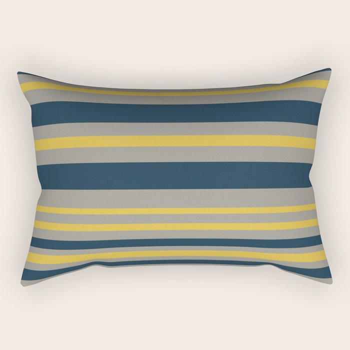 Variable Stripe Pattern in Light Mustard, Navy Blue, and Gray Rectangular Pillow Gallery Image 2
