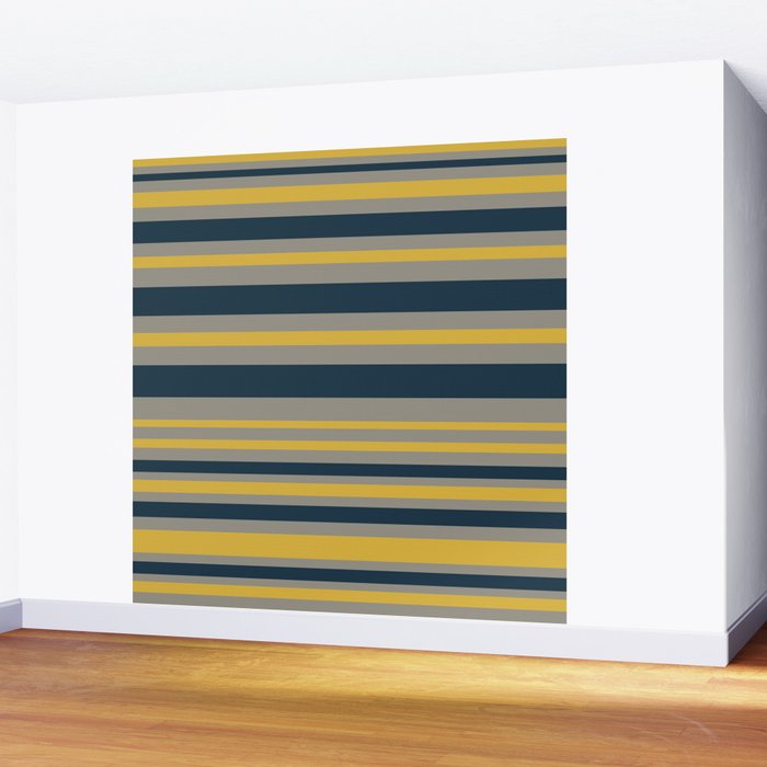 Variable Stripe Pattern in Light Mustard, Navy Blue, and Gray Wall Mural Gallery Image 2