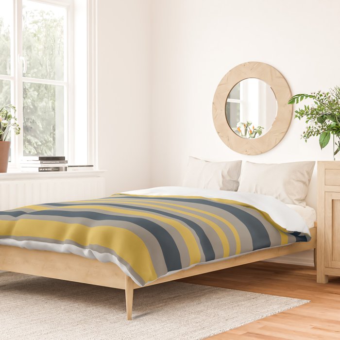 Variable Stripe Pattern in Light Mustard, Navy Blue, and Gray Duvet Cover Gallery Image 2
