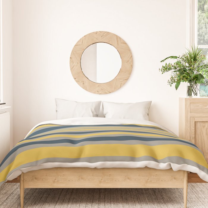 Variable Stripe Pattern in Light Mustard, Navy Blue, and Gray Duvet Cover Gallery Image 3