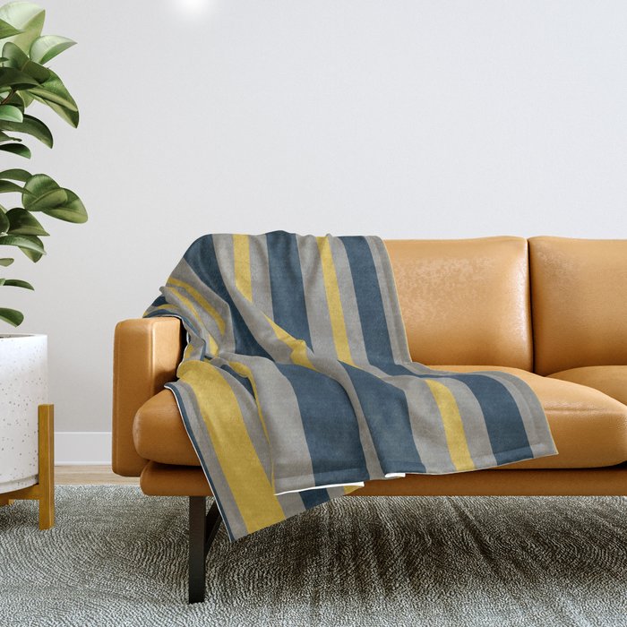 Variable Stripe Pattern in Light Mustard, Navy Blue, and Gray Throw Blanket Gallery Image 1
