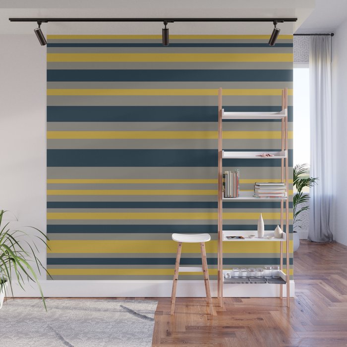 Variable Stripe Pattern in Light Mustard, Navy Blue, and Gray Wall Mural Gallery Image 1