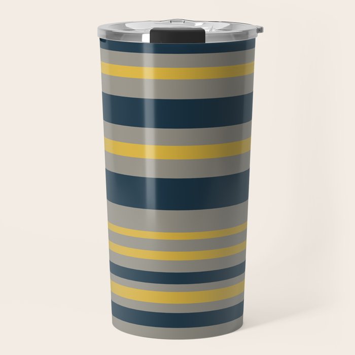 Variable Stripe Pattern in Light Mustard, Navy Blue, and Gray Travel Mug Gallery Image 1