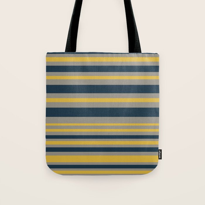 Variable Stripe Pattern in Light Mustard, Navy Blue, and Gray Tote Bag Gallery Image 1