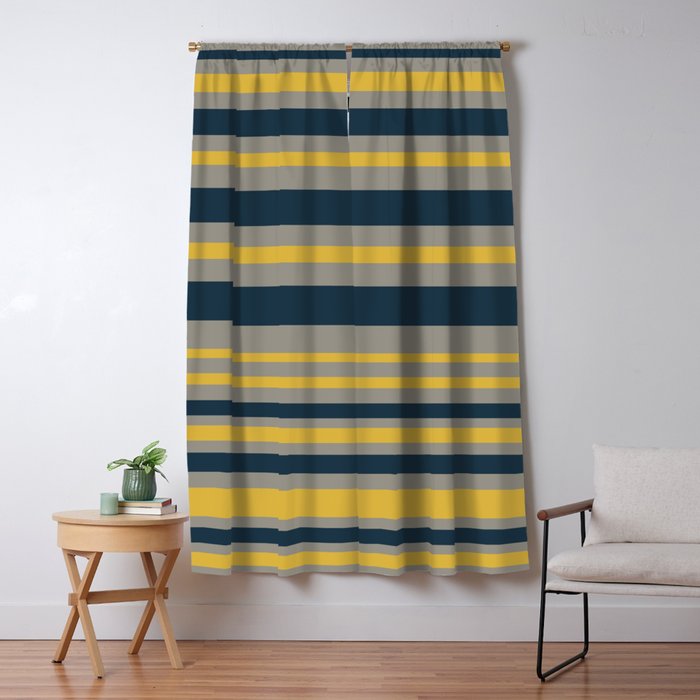 Variable Stripe Pattern in Light Mustard, Navy Blue, and Gray Window Curtain Gallery Image 1