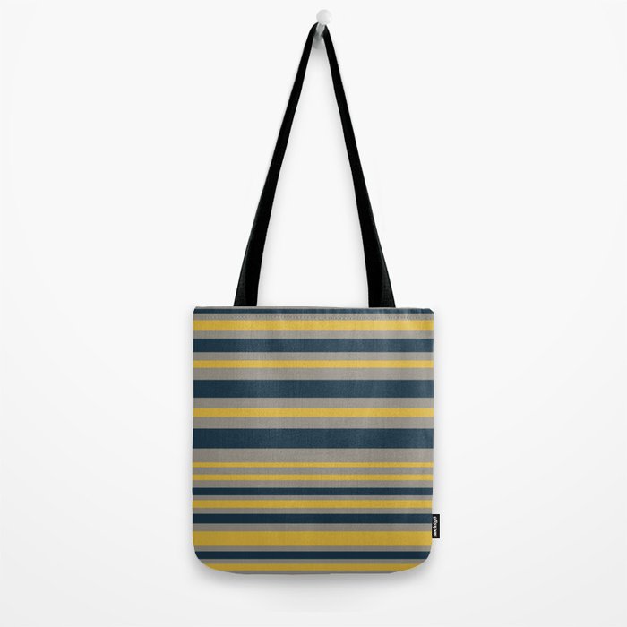 Variable Stripe Pattern in Light Mustard, Navy Blue, and Gray Tote Bag Gallery Image 2