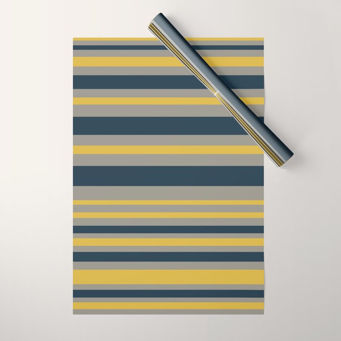Variable Stripe Pattern in Light Mustard, Navy Blue, and Gray Wrapping Paper Gallery Image 1