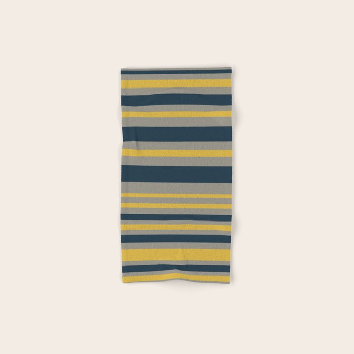 Variable Stripe Pattern in Light Mustard, Navy Blue, and Gray Bath Towel Gallery Image 1