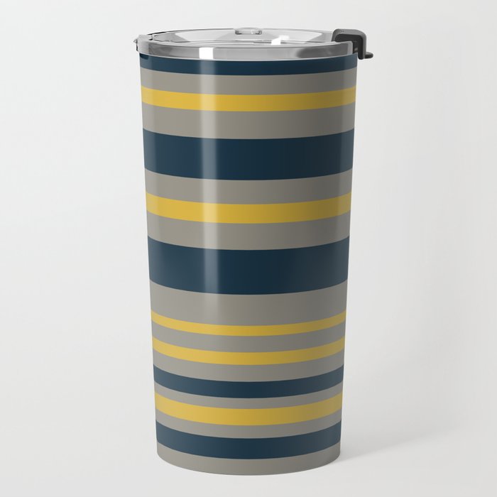 Variable Stripe Pattern in Light Mustard, Navy Blue, and Gray Travel Mug Gallery Image 2