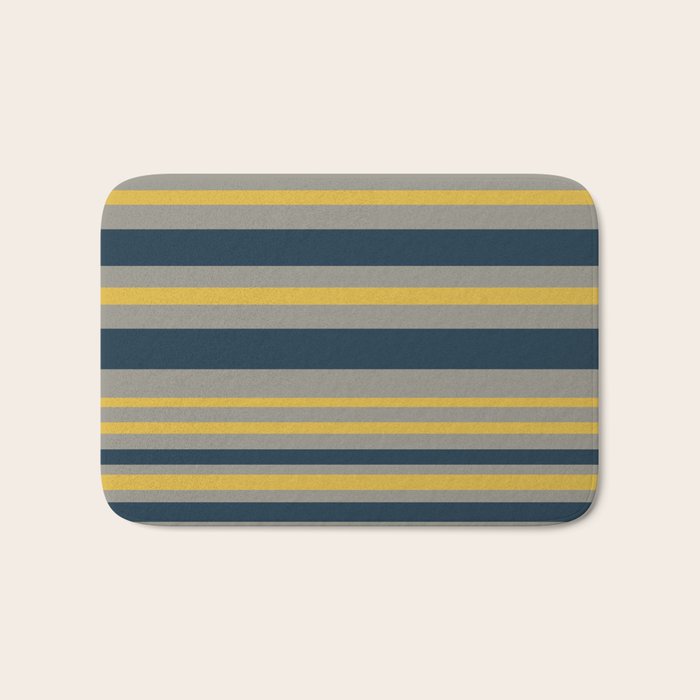 Variable Stripe Pattern in Light Mustard, Navy Blue, and Gray Bath Mat Gallery Image 1