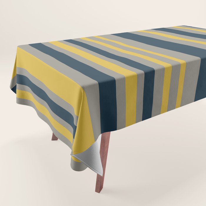 Variable Stripe Pattern in Light Mustard, Navy Blue, and Gray Tablecloth Gallery Image 1