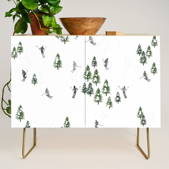 Monochrome aerial skiers illustration Credenza Gallery Image 1