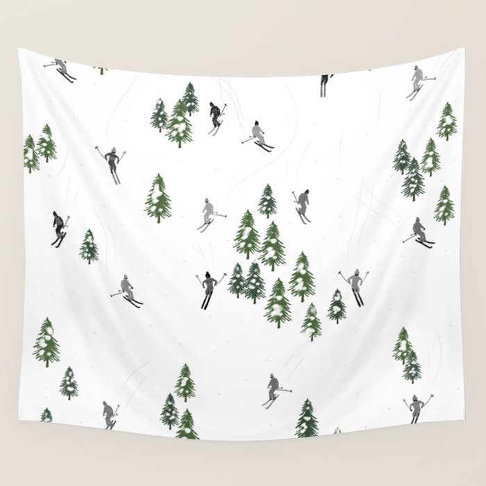 Monochrome aerial skiers illustration Wall Tapestry Gallery Image 4
