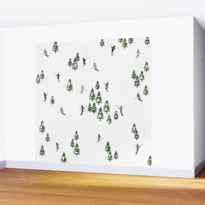 Monochrome aerial skiers illustration Wall Mural Gallery Image 2