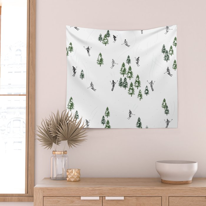 Monochrome aerial skiers illustration Wall Tapestry Gallery Image 2