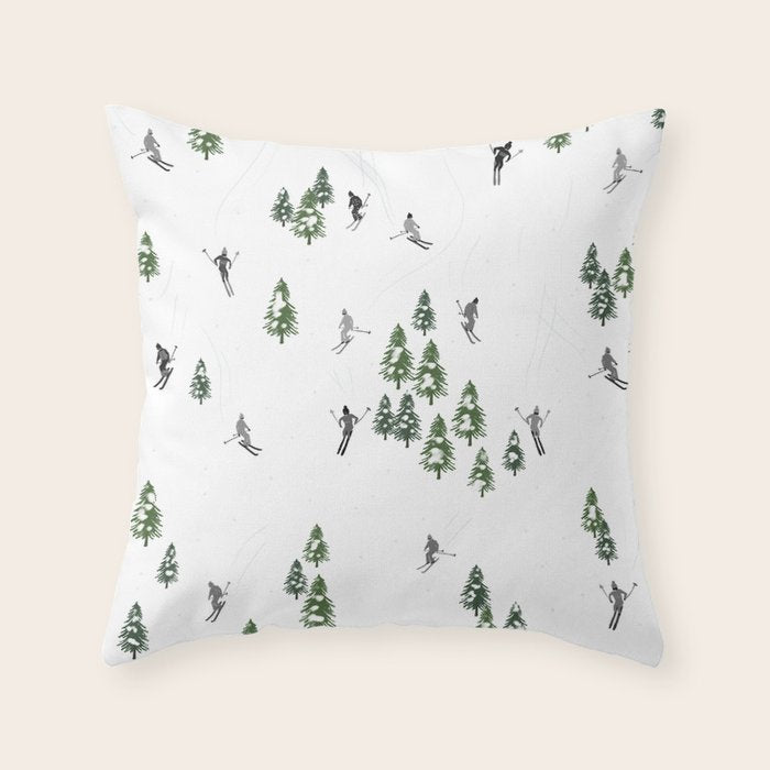 Monochrome aerial skiers illustration Throw Pillow Gallery Image 6