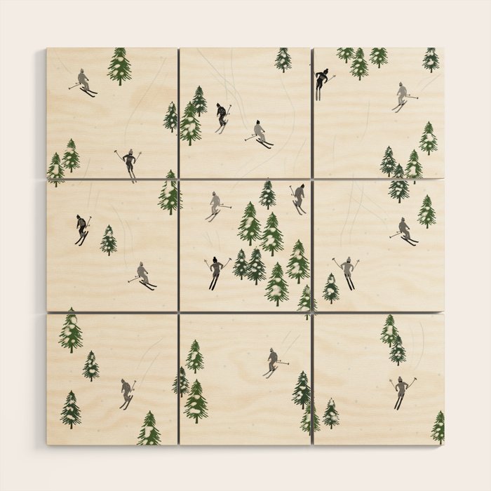 Monochrome aerial skiers illustration Wood Wall Art Gallery Image 1