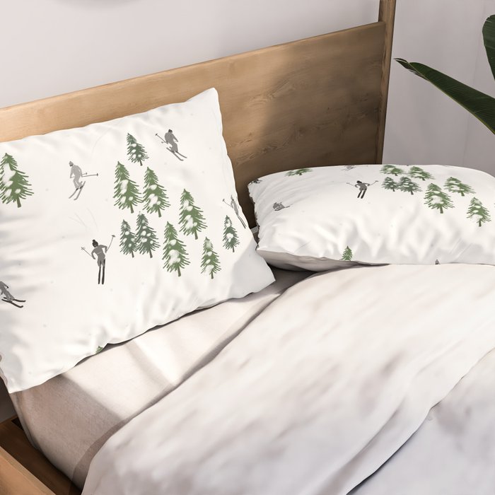 Monochrome aerial skiers illustration Pillow Sham Gallery Image 2