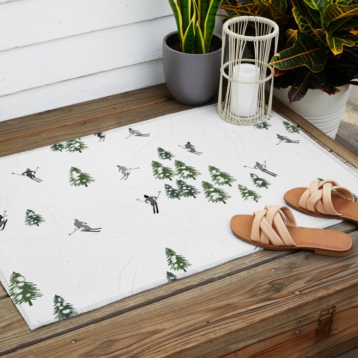 Monochrome aerial skiers illustration Outdoor Rug Gallery Image 2