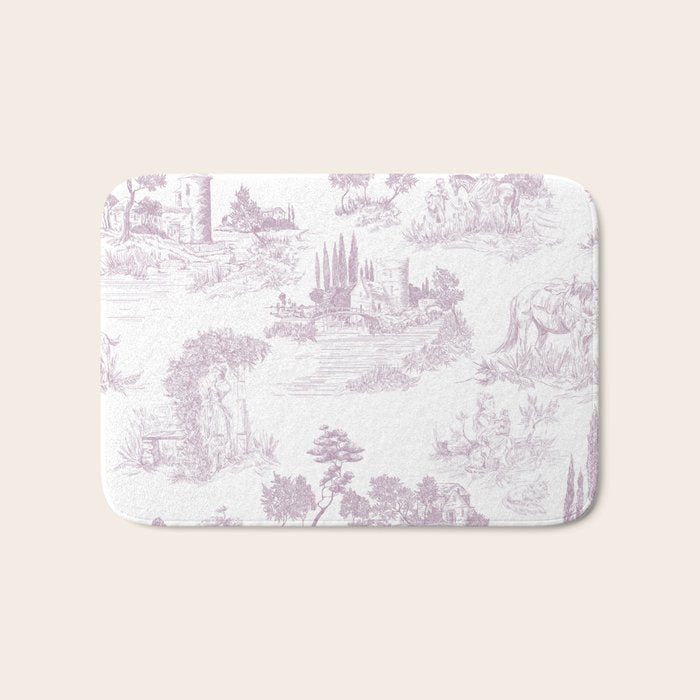 Toile de Jouy Vintage French Soft Lilac Blush Pastoral Pattern Bath Mat Gallery Image 1