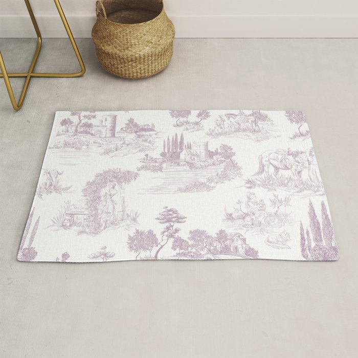 Toile de Jouy Vintage French Soft Lilac Blush Pastoral Pattern Rug Gallery Image 1