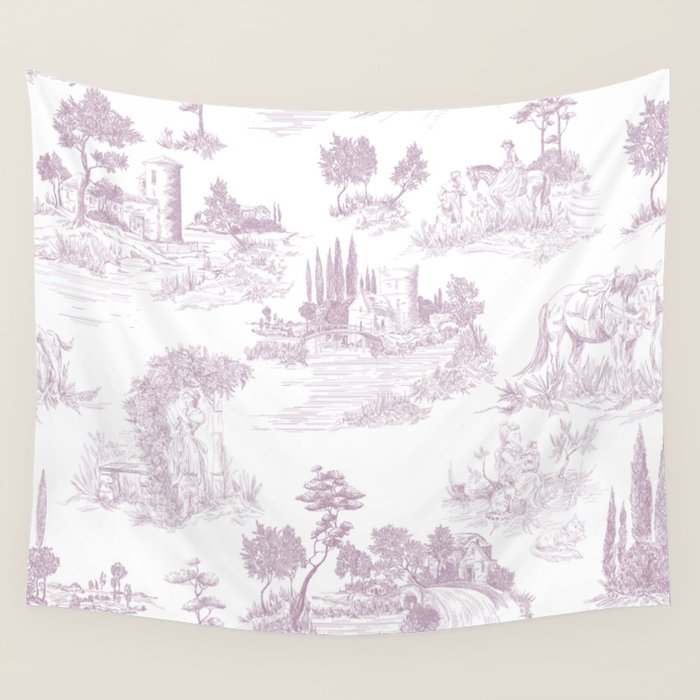 Toile de Jouy Vintage French Soft Lilac Blush Pastoral Pattern Wall Tapestry Gallery Image 4