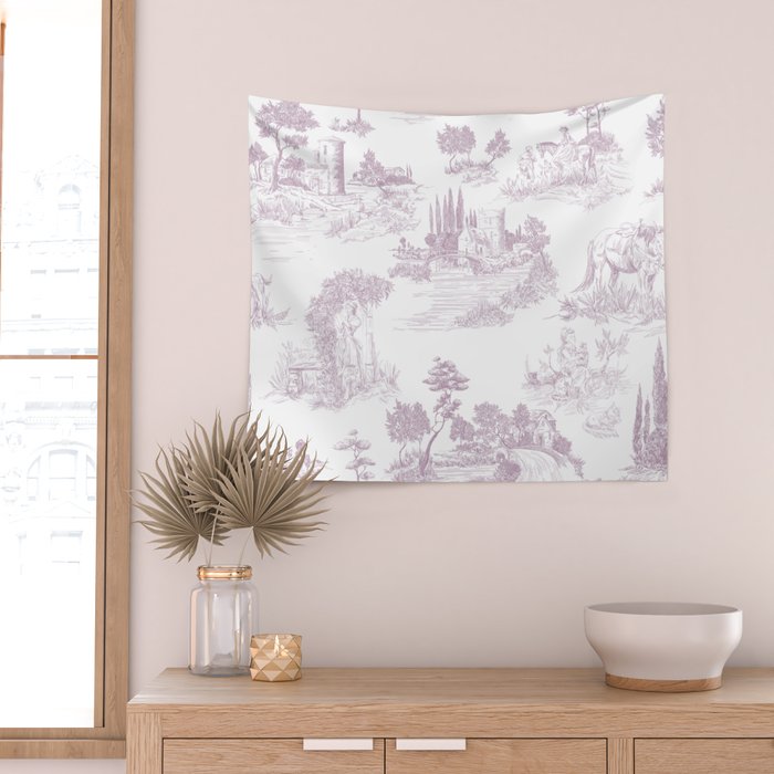 Toile de Jouy Vintage French Soft Lilac Blush Pastoral Pattern Wall Tapestry Gallery Image 2
