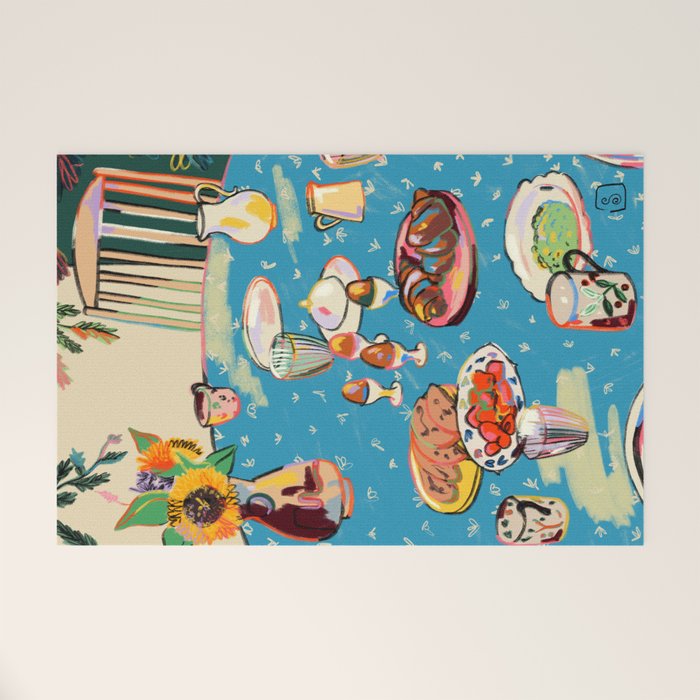 BREAKFAST IN THE GARDEN WITH SUNFLOWERS AND CROISSANTS Welcome Mat Gallery Image 1