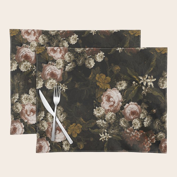 Antique Botanical Roses And Chamomile Midnight Sepia Garden Placemat Gallery Image 1